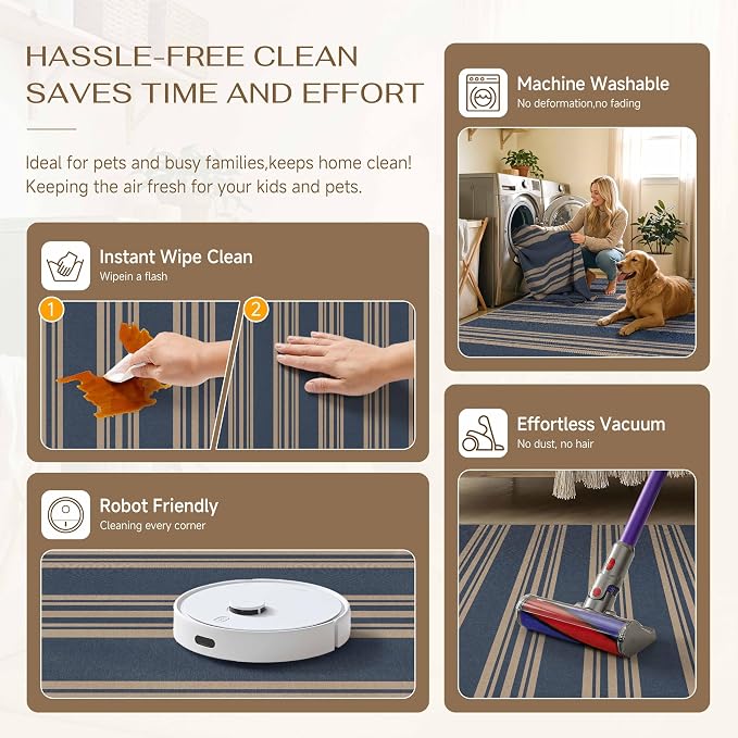 PureCozy Striped Easy Jute Rug 8x10 Blue Living Room Carpet Washable Non Slip Bedroom Office Rug Farmhouse Neutral Non Shedding Indoor Outdoor Large Carpet for Kitchen Dining Room