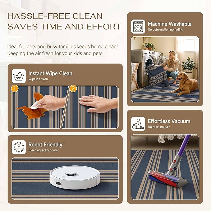 PureCozy Striped Easy Jute Rug 4x6 Blue Entryway Carpet Washable Non Slip Office Door Mat Farmhouse Neutral Non Shedding Small Indoor Outdoor Rug for Bathroom Kitchen Bedroom Living Room