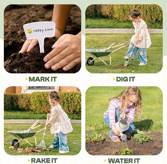 ROBUD Kids Wheelbarrow with Gardening Tools Set, Educational Kids Gardening Set with Kid Wheelbarrow, Toddler Gardening Set, Watering Can, Plant Labels, for Ages 3+ Boys Girls(Green)