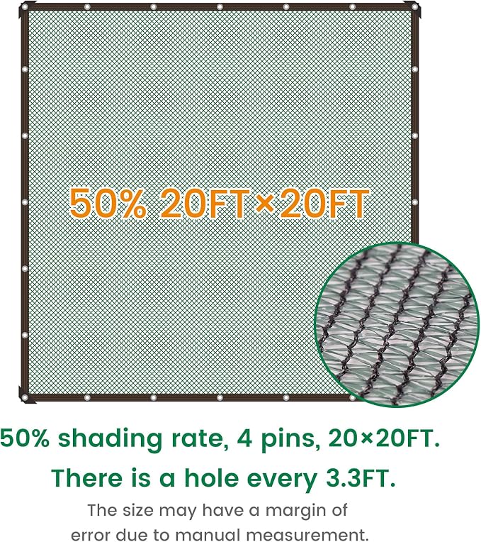 50% 20 X 20 FT Green Shade Cloth, Outdoor Woven Sun Shade with Grommets, Durable Breathable Netting Shading Antifreezing for Patio, Garden, DIY Home, Plants Cover, Greenhouse, Dog Kennel