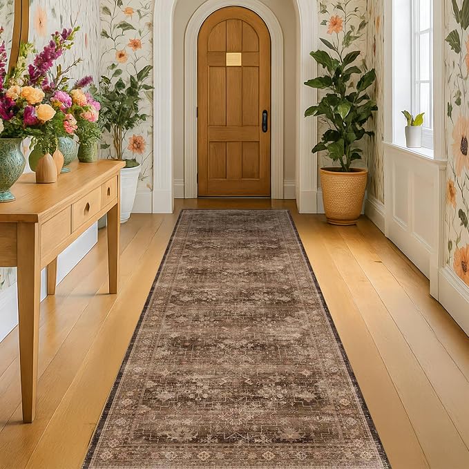 Brown Washable Long Runners for Hallways, 2x10 Wide Kitchen Runner Rug, Entryway Indoor Rug, Non Slip Rubber Backing Boho Vintage Dark Floor Decor