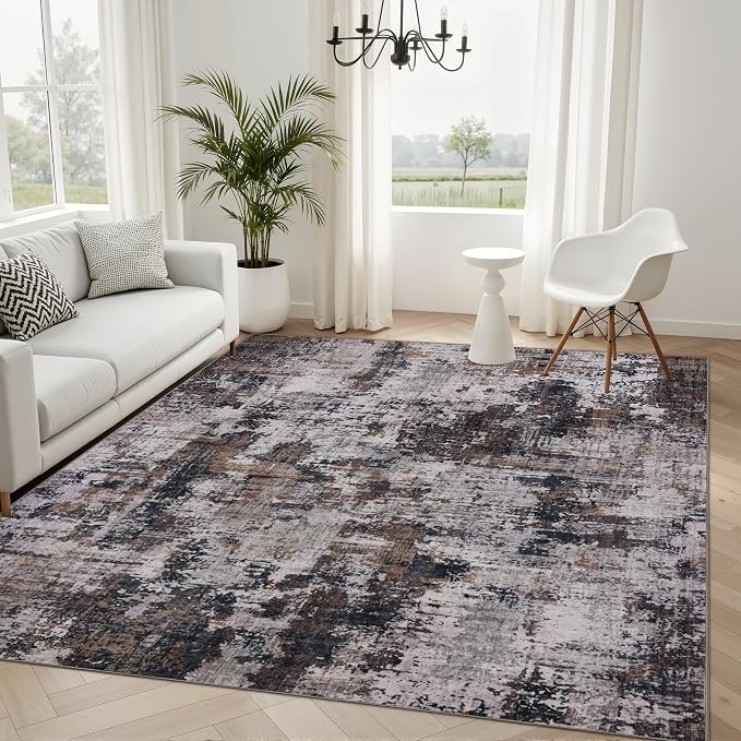 Sasttie 4x6 Washable Area Rug, Modern Abstract Carpet, Black & Brown | Ultra-Soft Faux Wool, Low Pile, Non-Slip, Lightweight, Thin, for Living Room, Bedroom, Dinning Room & Dorm