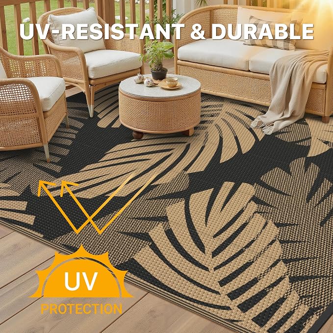 GENIMO Waterproof Outdoor Rug 6' x 9' for Patio Decor, Reversible Plastic Straw Area Rugs for Camping Clearance, RV Mat, Large Outside Carpet for Porch, Deck, Picni, Balcony, Garden, Black & Brown