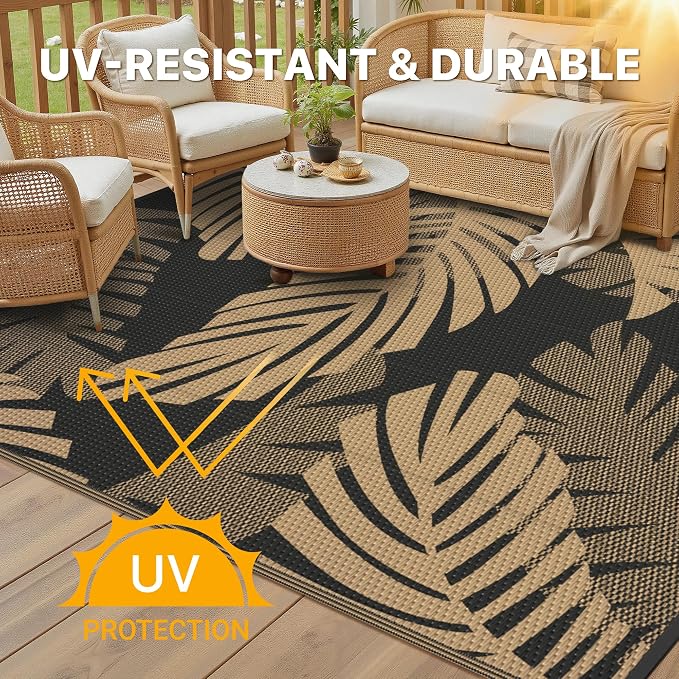 GENIMO Waterproof Outdoor Rug 8' x 10' for Patio Decor, Reversible Plastic Straw Area Rugs for Camping Clearance, RV Mat, Large Outside Carpet for Porch, Deck, Picni, Balcony, Garden, Black & Brown