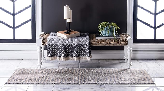 Unique Loom Athens Collection Classic Geometric Modern Border Design Area Rug (2' 0 x 6' 0 Runner, Gray/ Beige)
