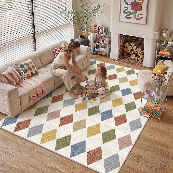 Colorful 6x9 Washable Area Rug Large Non Slip Checkered Carpet | Soft, Low Pile, Easy Clean, Checkered Pattern for Living Room, Bedroom, Office, Dining Room, Kids Room, Modern Indoor Decor