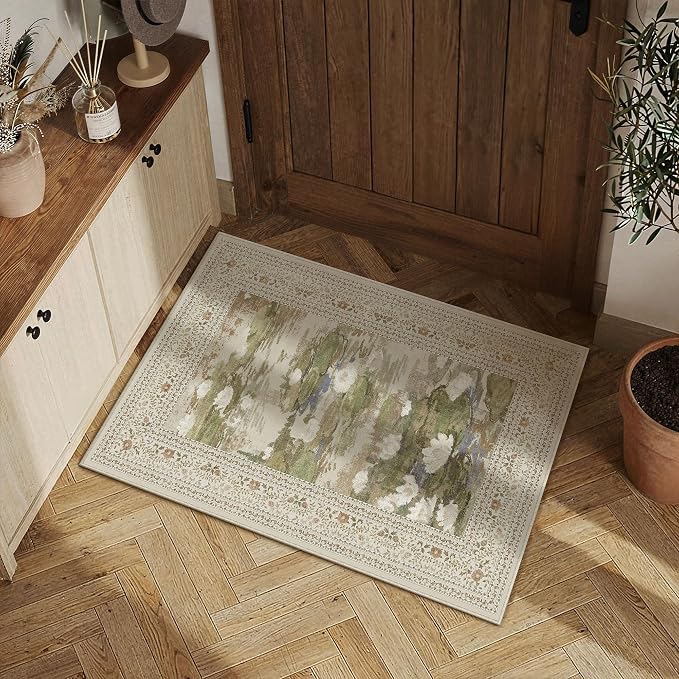 Beige Area Rug 2x3 Entryway Vintage Floral Non-Slip Door Mat | Machine Washable, Soft, Low Pile, Distressed, for Kitchen, Hallway, Bathroom, Impressionist Farmhouse Decor