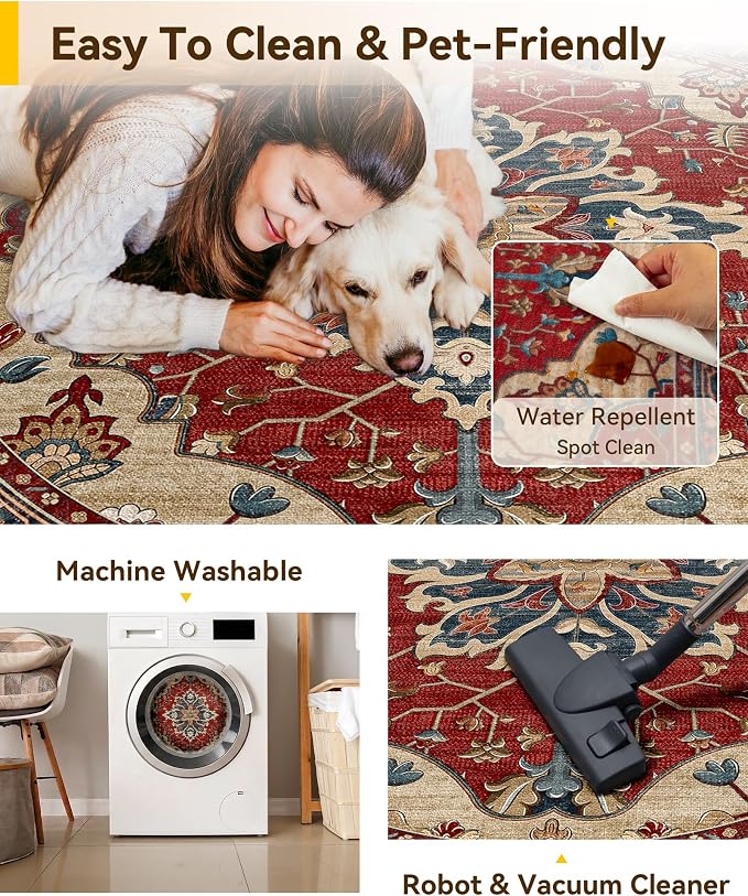 RELEANY Washable Area Rug, Round 7ft, Red/Blue | Non-Slip, Water Repellent, Pet Friendly, Easy to Clean, Vintage Floral Boho Decor for Living Room Bedroom Dining Room