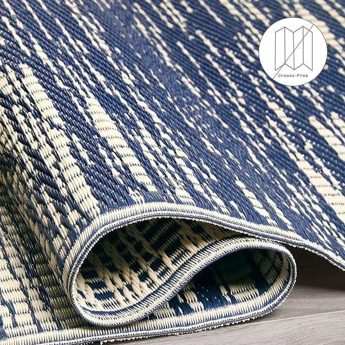 Fab Habitat Outdoor Rug - Waterproof, Fade Resistant, Crease-Free, Reversible - Premium Recycled Plastic - Distressed Abstract Stripes - Patio, Porch, Deck, Balcony - Brooklyn - Blue - 5 x 8 ft
