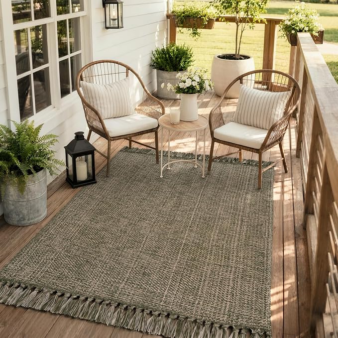 4' x 6' Moss Green Bedroom Area Rug, Boho Indoor Outdoor Rugs | Hand-Woven Washable Living Room Rug, Modern Farmhouse Braided Bedside Mats, Reversible Dining Room Carpet for Nursery Patio