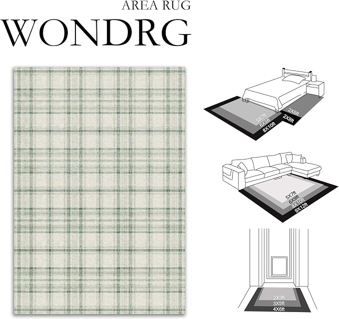 5x7 Green Plaid Living Room Area Rug | Washable, Low Pile, Modern, Neutral, Soft, Non Slip, Rug for Bedroom Dining Room Nursery Office Indoor Home Decor