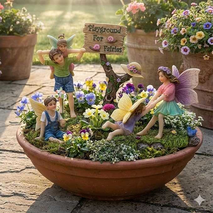 PRETMANNS Fairy Garden Accessories Kit with Fairy Figurines - Outdoor Indoor Miniature Garden Fairies Set - Hand Painted Garden Fairy Figures for Fairy Village - 4 Piece Playground