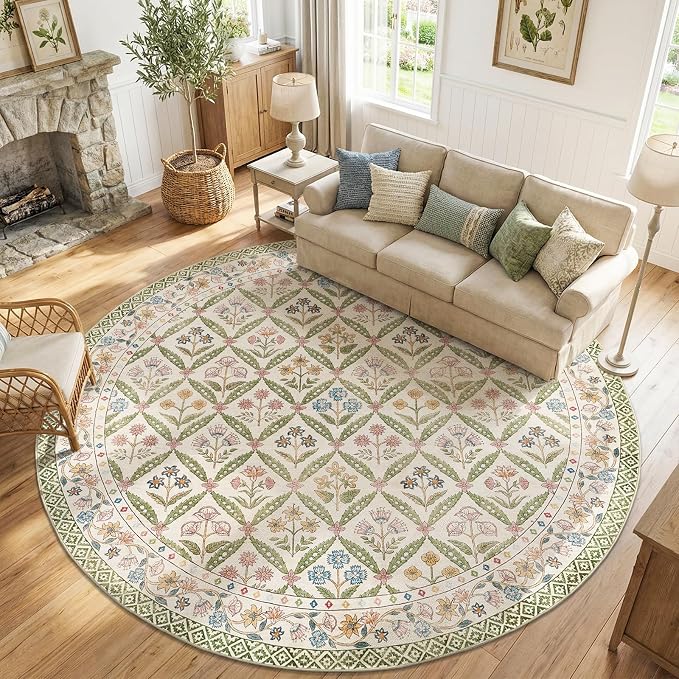 jinchan Round Rug 8ft Vintage Floral Washable Circle Area Rug, Sage Green | Soft & Lightweight, Checkered Floral, Low Pile, Non Slip, Dining Room, Living Room, Bedroom, Girls Room, Kids Room Decor