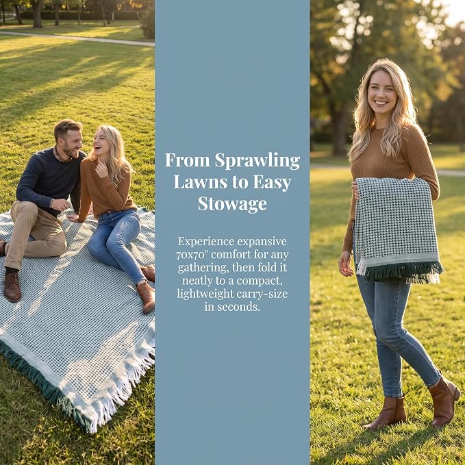 70"x 70" Picnic Blanket Extra Large,Layer Outdoor Blanket for 5 to 7 Adults,Camping Grass Lawn Park Accessories Cute Couple Gifts Ideas Wedding Registry for Park, Beach (Green)