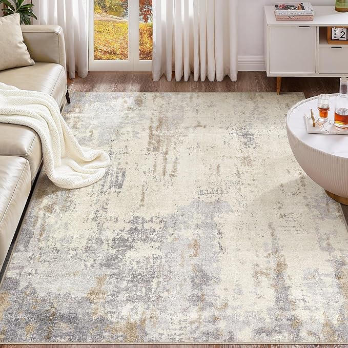 UERMEI 9x12 Area Rug Living Room Rugs - Washable Neutral Modern Abstract Soft Thin Rug Indoor Floor No Slip Rug Carpet for Bedroom Under Dining Table Home Office Decor - Light Brown/Gray