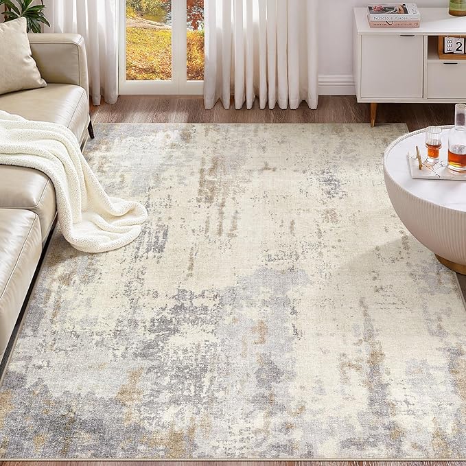 UERMEI 10x12 Area Rug Living Room Rugs - Washable Neutral Modern Abstract Soft Thin Rug Indoor Floor No Slip Rug Carpet for Bedroom Under Dining Table Home Office Decor - Light Brown/Gray
