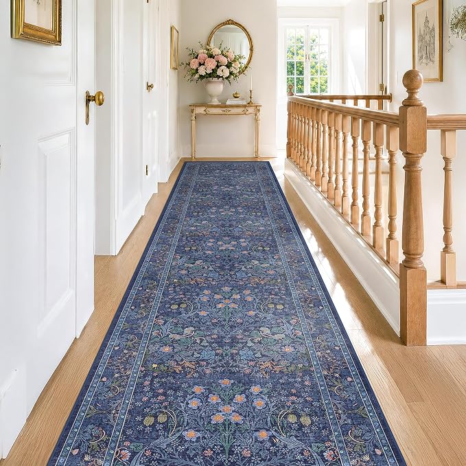 Vintage 3x16 Wide Hallway Runner Rug Non Slip, Ultra Thin Large Kitchen Indoor Floor Rugs for Entryway Hall Way, Soft Stain Resistant Low Pile Blue Floral Carpet
