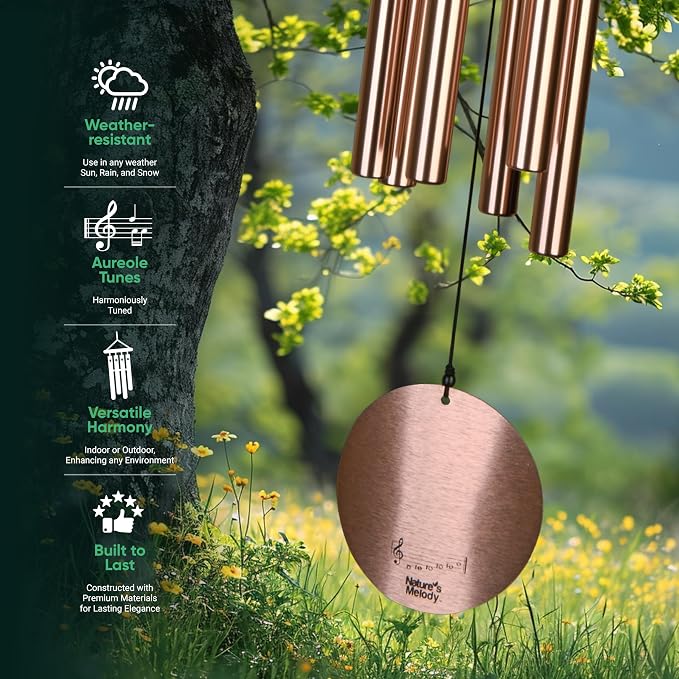 Nature’s Melody Aureole Tunes Wind Chimes – Outdoor Windchime with 6 Tubes Tuned to E Pentatonic Scale, 100% Rustproof Aluminum, Powder Finish & S Hook Hanger for Sympathy, Memorial Gift or Zen Garden