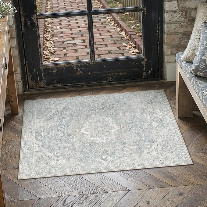 Blue Area Rug 2x3 Entryway Vintage Floral Non-Slip Door Mat | Machine Washable, Soft, Low Pile, Distressed, for Kitchen, Hallway, Bathroom, Retro Neutral Decor