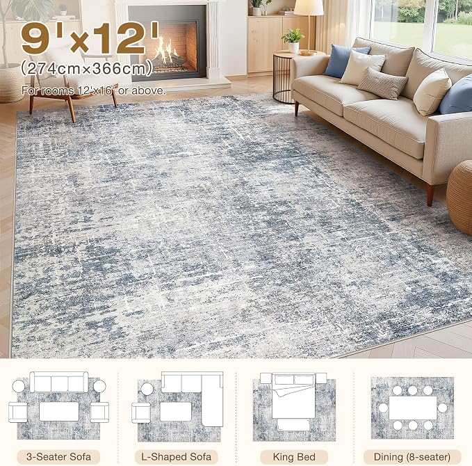 kakania Abstract 9x12 Area Rugs for Living Room: Washable Rugs Blue Grey | Soft, Non-Slip, Low-Pile, Pet & Kid Friendly - Large Modern Home Decor Carpet for Bedroom/Dining Room/Office/Nursery