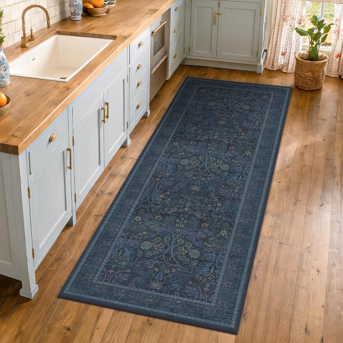 2'6"x8' 8ft Kitchen Runner Rugs Washable, Dark Blue Long Runner Rugs Non Slip for Hallway, Entryway, Victorian Forest Floral Stain Resistant Low Pile Thin Carpet