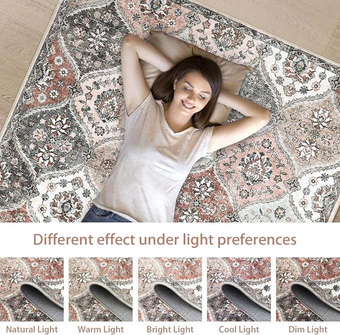 ROYHOME 8x10 Area Rug Moroccan Trellis Machine Washable Rug, Pink/Grey | Vintage Medallion Distressed Indoor Accent Rug Stain Resistant Non-Slip Floor Cover Carpet for Living Room Bedroom