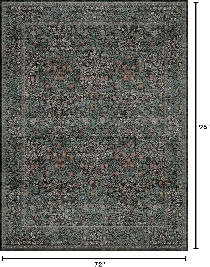 Dining Room Rugs for Under Table - 6x8 Washable Dark Green Area Rug for Living Room, Low Pile Non-Slip Floor Carpet for Bedroom - Vintage Design & Stain Resistance