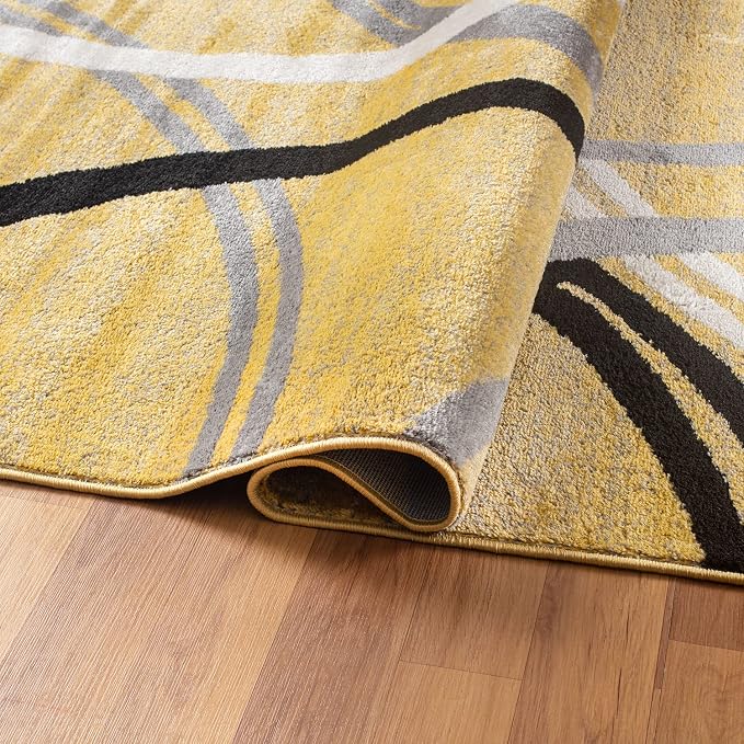Rugshop Wavy Circles Jute Backing Living Room Area Rug Yellow 5'3" x 7'3" | Rectangular, Size 5'3" x 7'3", Bedroom, Dining Room, Home Office, Kitchen, Entryway, Hallway, Nursery, Kids Room, Guest Room