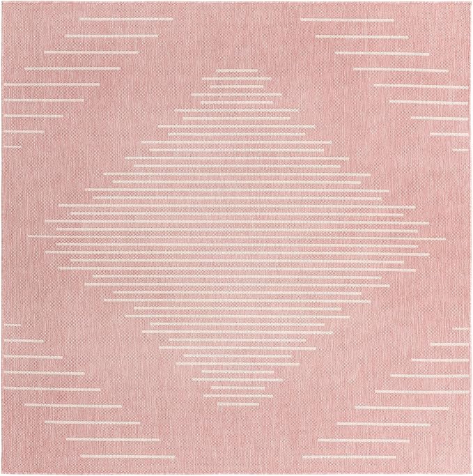 Unique Loom Outdoor Modern Collection Area Rug - Tambor (7' 1" Square, Pink/ Ivory)