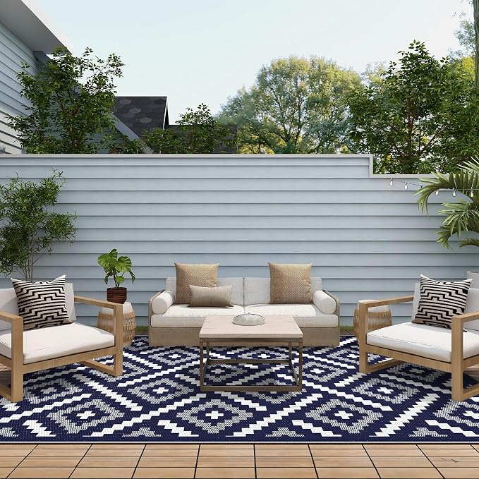 GENIMO Outdoor Rug for Patio Clearance, 6'x9' Waterproof Camping Mat, Reversible Plastic Straw Rugs for RV, Camper, Balcony, Backyard, Picnic, Deck (Mix Navy Blue White)