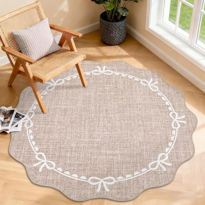 GarveeHome 4ft Round Rugs Washable Scalloped Bow Rug for Bedroom, Camel | Non Slip Soft Low Pile Ultra-Thin Stain Resistant Indoor Carpet for Living Room Nursery Girls Dorm Decor Kids Room Playroom