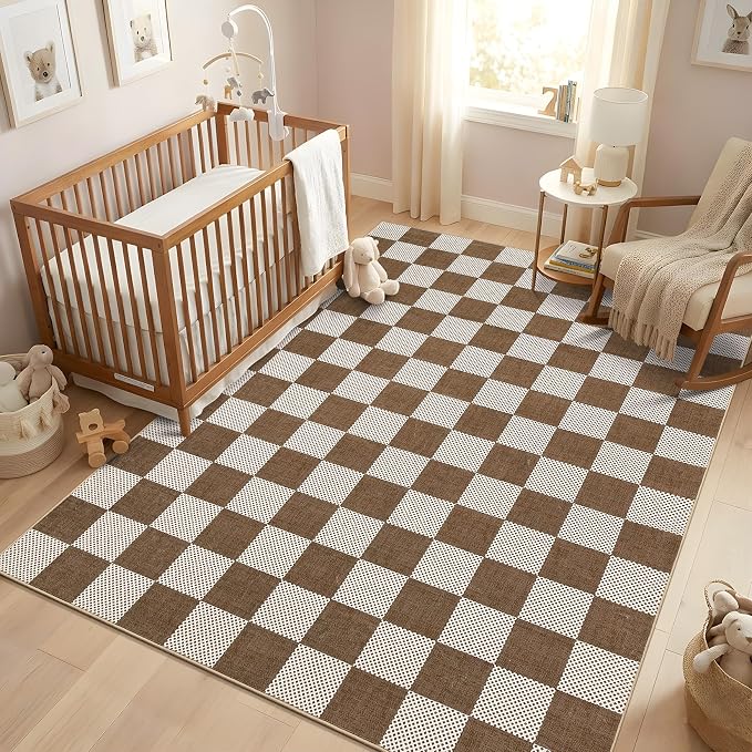 GarveeHome Checkered Terracotta Brown 4x6 Washable Rug Low-Pile for Bedroom | Non-Slip Terracotta Brown Soft Stain Resistant Rug for Bedroom Bathroom Living Room Geometric Modern Rug TPE Backing