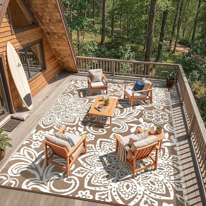Findosom Waterproof Outdoor Rug 8' x 10' - Reversible Mandala Outdoor Plastic Straw Rug, Durable Foldable Patio Rug for RV, Deck, Balcony, Backyard, Picnic, Porch, Camping, Beach, Brown
