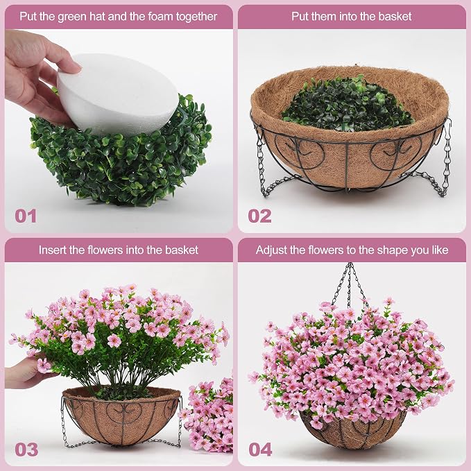 Artificial Fake Hanging Flowers Plants Basket for Outdoors Outside Spring Decoration,Hanging Planters with Faux Silk Flowers Realistic UV Resistant for Balcony Porch Patio Garden Fron Home Decor（Pink）