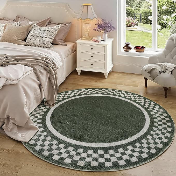GarveeHome 6ft Washable Round Rug for Entryway Checkered Bedroom Circle Rug | Non Slip Soft Dining Room Throw Carpet Large Stain Resistant Border Round Rugs for Living Room Kitchen Bathroom, Green
