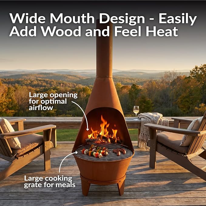 Sunnydaze Large Chiminea Outdoor Fireplace - Outdoor Wood-Burning Fireplace - Chimney Fire Pit with Grill Grate - Rustic - 58" H