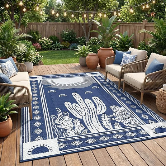 Garvee Reversible Cactus Outdoor Rug 8x10 for Patio, Waterproof Outdoor Area Rug, Modern Desert Botanical Indoor Outdoor Rugs, Plastic Straw Rug for RV, Camping, Deck, Navy Blue & Beige