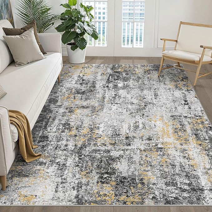 LOONGRUG 6x9 Area Rug Washable Neutral Moder Living Roomn Rug Black Gold | Abstract Soft Stain Resistant Indoor Non-Slip Carpet for Bedroom Nursery Kids Office Playroom Dining Room