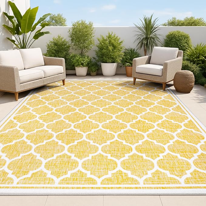 JONATHAN Y Moroccan Trellis Indoor Outdoor Area Rug 9X12 Yellow/Cream, Trebol Textured Weave for Backyard, Patio, Porch, Easy-Cleaning, High Traffic, Pet-Friendly, Non-Shedding (SMB109F-9)