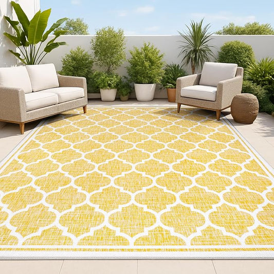 JONATHAN Y Moroccan Trellis Indoor Outdoor Area Rug 9X12 Yellow/Cream, Trebol Textured Weave for Backyard, Patio, Porch, Easy-Cleaning, High Traffic, Pet-Friendly, Non-Shedding (SMB109F-9)