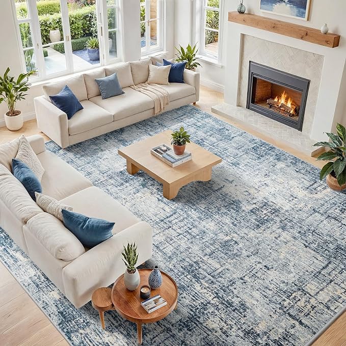 10x14 Washable Area Rug for Living Room Bedroom: Non-Slip Modern Blue Gold | Machine Washable TPR Backing, Stain-Resistant Low Pile, Pet & Kid Friendly, Abstract Decor for Dining Room, Dorm, Home Office