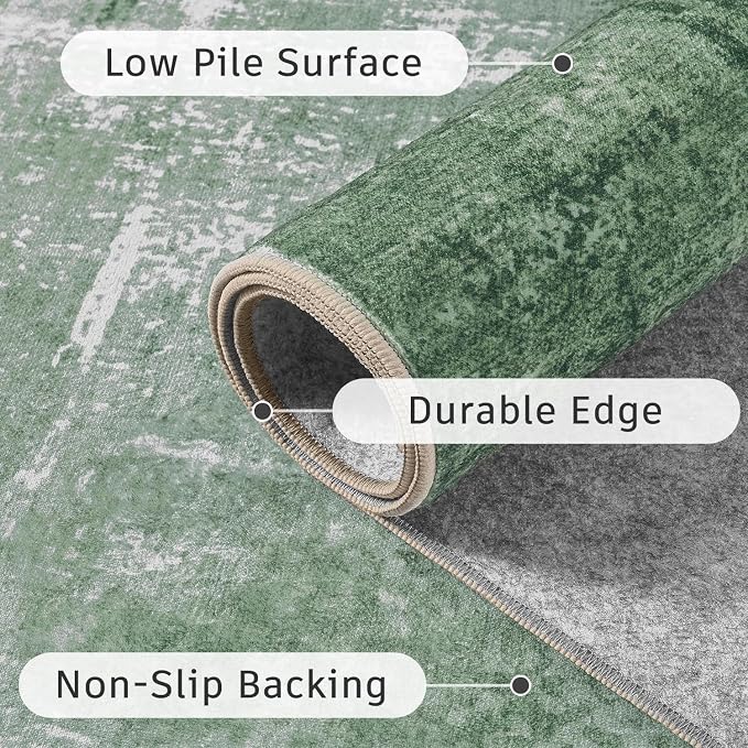 DCX Washable Abstract Area Rug 6x9, Non Slip Low Pile Rug, Green | Easy to clean, non-shedding, soft, kid & pet friendly, with a non-slip rubber backing for living rooms, bedrooms, and offices