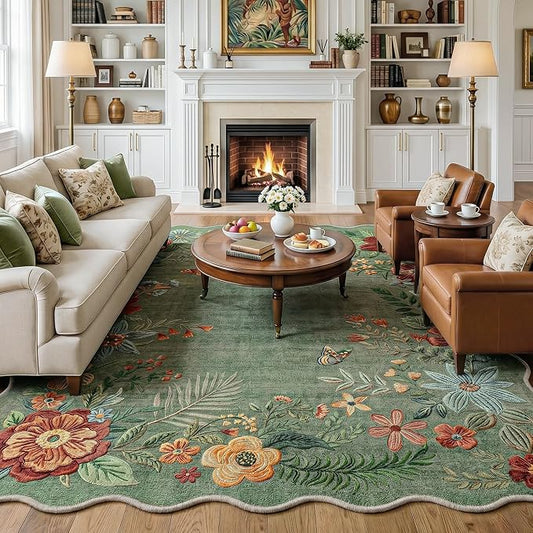 FMFUNCTEX 8x10 Washable Sage Green Boho Scalloped Area Rug for Living Room | Floral Vintage Flower Colorful Traditional Soft Distressed Non Slip Low Pile Large Indoor Carpet Dining Bedroom Nursery