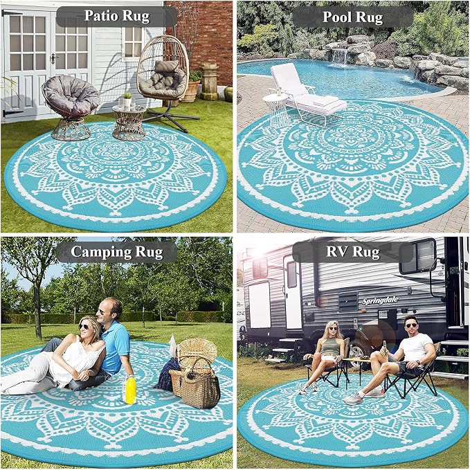 Bsmathom Waterproof Outdoor Rug 6ft Round Reversible Boho Plastic Straw Patio Deck Camping Rugs, Indoor Outdoor Portable RV Mat Carpet for Outside, Porch, Balcony, Backyard, Beach, Pool,Flower Teal