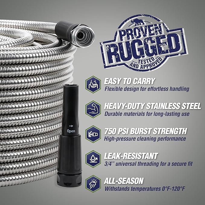 RUGGED RHINO Metal Garden Hose with Spray Nozzle, 100FT, 304 Stainless Steel, 750 PSI Burst Strength, Heavy Duty Flexible Water Hose, Kink Resistant, Leakproof for Yard, Lawn and Outdoor Use, Silver