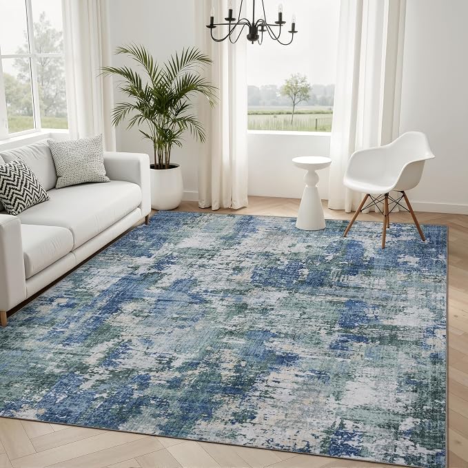 Sasttie 4x6 Washable Area Rug, Modern Abstract Carpet, Blue & Green | Ultra-Soft Faux Wool, Low Pile, Non-Slip, Lightweight, Thin, for Living Room, Bedroom, Dinning Room & Dorm