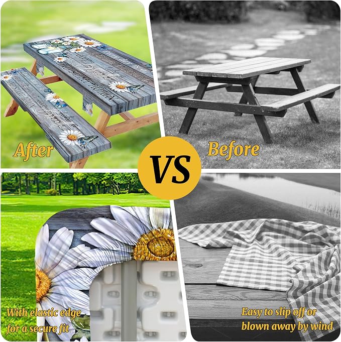 Picnic Table Cover with Bench Covers Elastic,Fitted Table Cloths for Rectangle Tables 6 Foot Washable,Waterproof Tablecloth for Outdoor Camping Essentials Accessories(6 Foot,Vintage Daisy