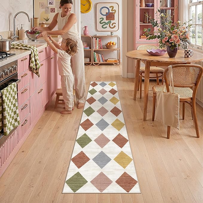 2x8 Washable Runner Rug Kitchen Colorful Non Slip Checkered Carpet | Soft, Low Pile, Easy Clean, Diamond Pattern for Hallway, Entryway, Laundry Room, Bathroom, Modern Indoor Decor