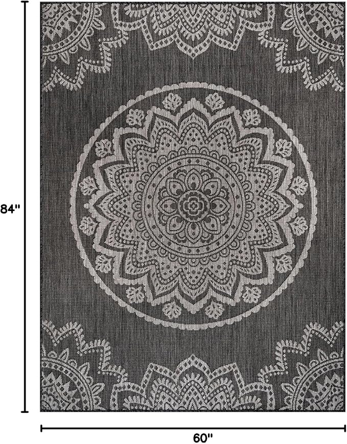 CAMILSON Outdoor Rug 5x7 Modern Area Rugs for Indoor and Outdoor Patios and Porches - Waterproof Washable Non-Shedding Easy-to-Clean Outside Carpet (5 x 7, Medallion - Dark Grey/Light Grey)
