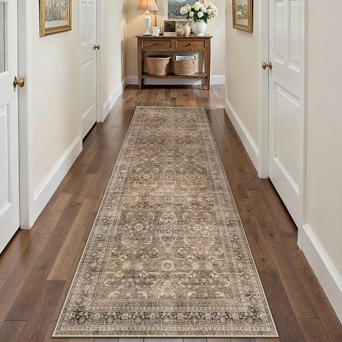 2x8 Brown Vintage Distressed Washable Runner Rug for Hallway | Low Pile, Non Slip, Retro Style, Soft Distressed Long Hallway Runner for Kitchen, Entryway, Laundry, Bedroom, Home Decor